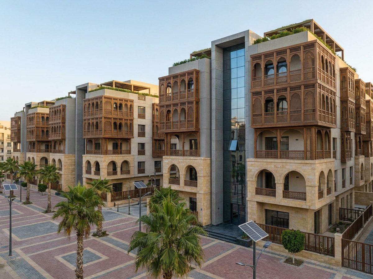 عمارات حديثة بواجهات مشربيات خشبية
