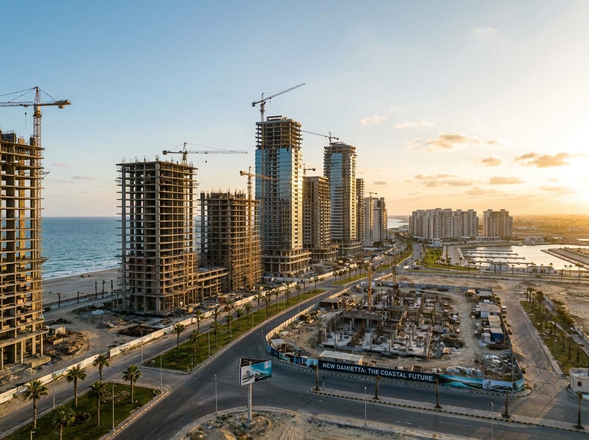 أبراج ساحلية قيد البناء على الكورنيش مع أوناش وسقالات