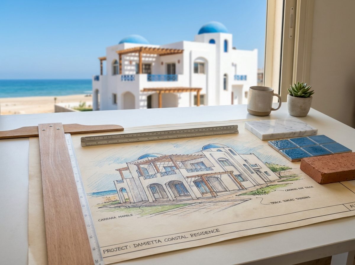 رسم واجهة فيلا ساحلية بخطوط معمارية حديثة