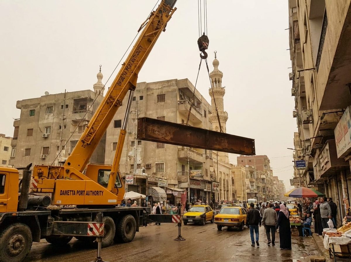 رافعة ترفع كمرات فولاذية في موقع بناء