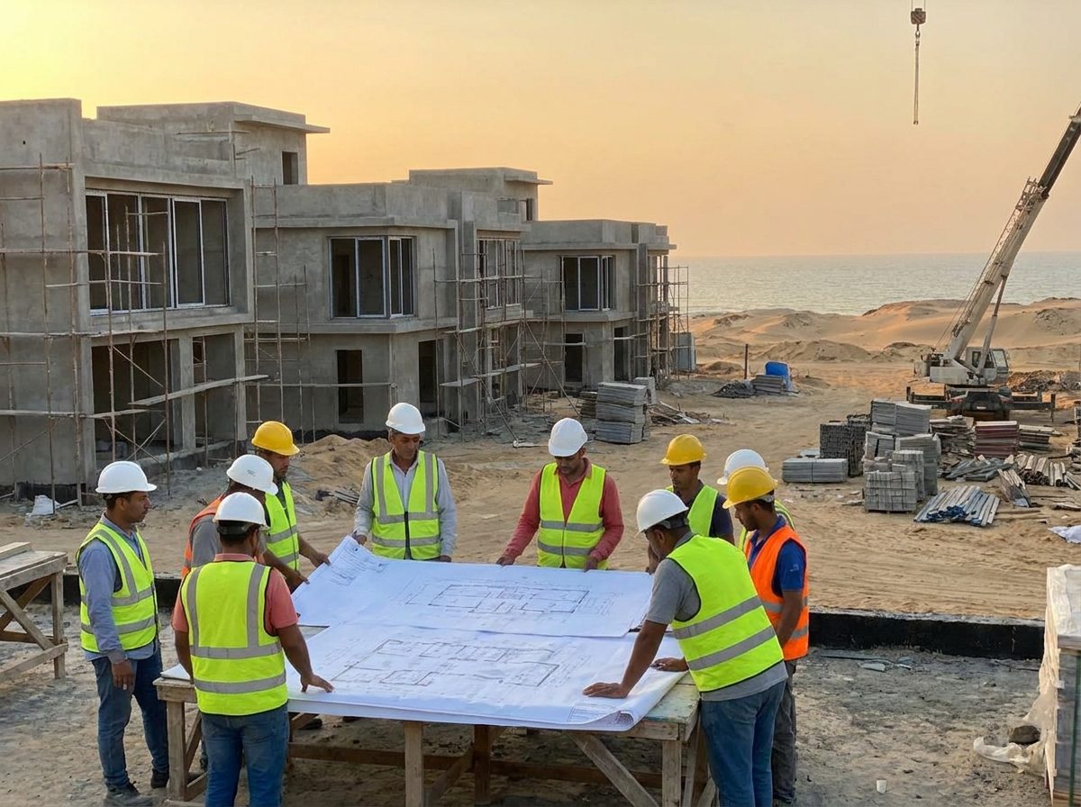 فريق هندسي يراجع مخططات معمارية على طاولة
