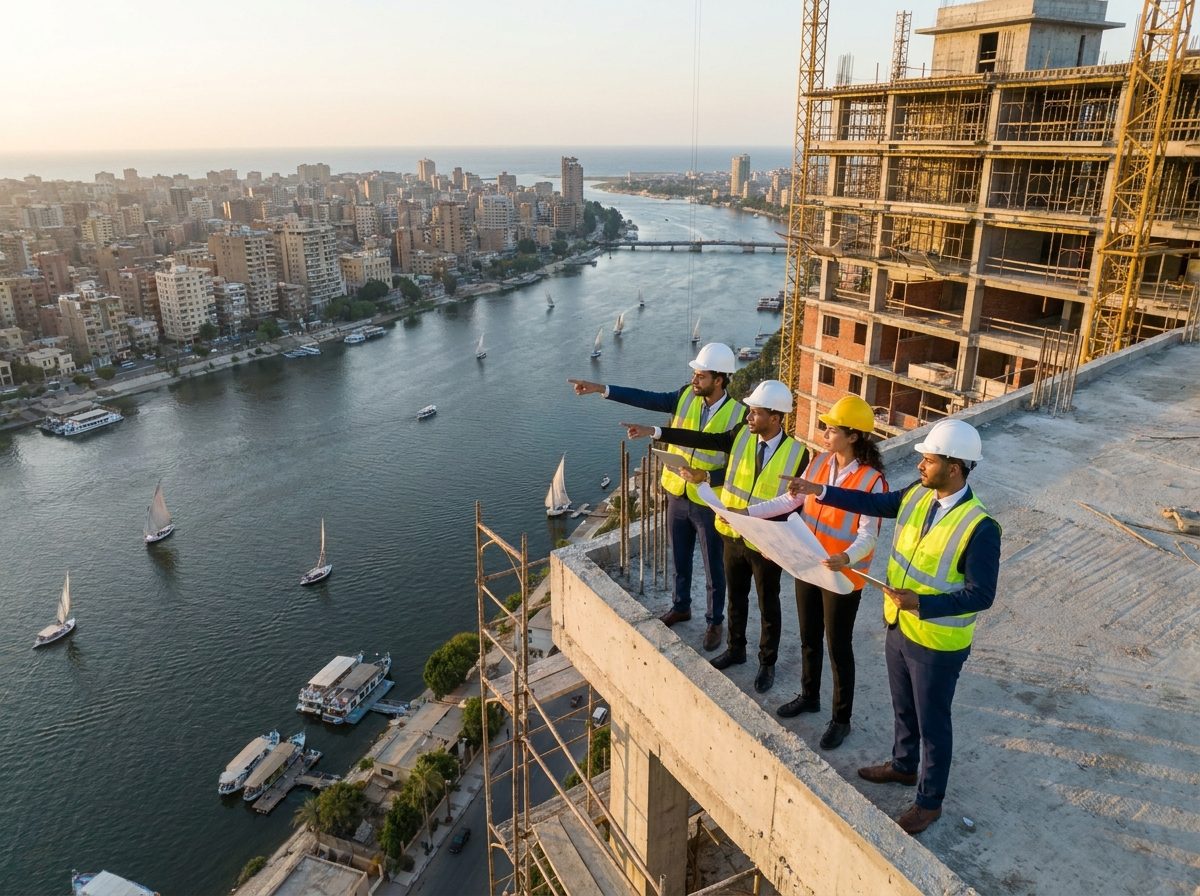 مهندسون يراجعون أعمال برج سكني قرب النهر