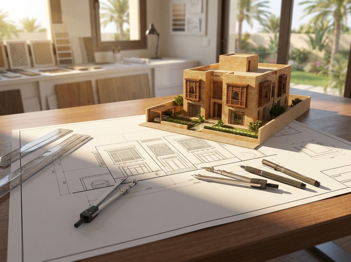 مجسم معماري لفيلا حجرية على طاولة تصميم