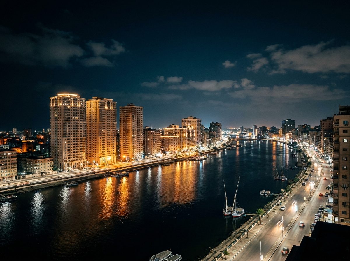 أبراج سكنية مضاءة على كورنيش بحري ليلًا