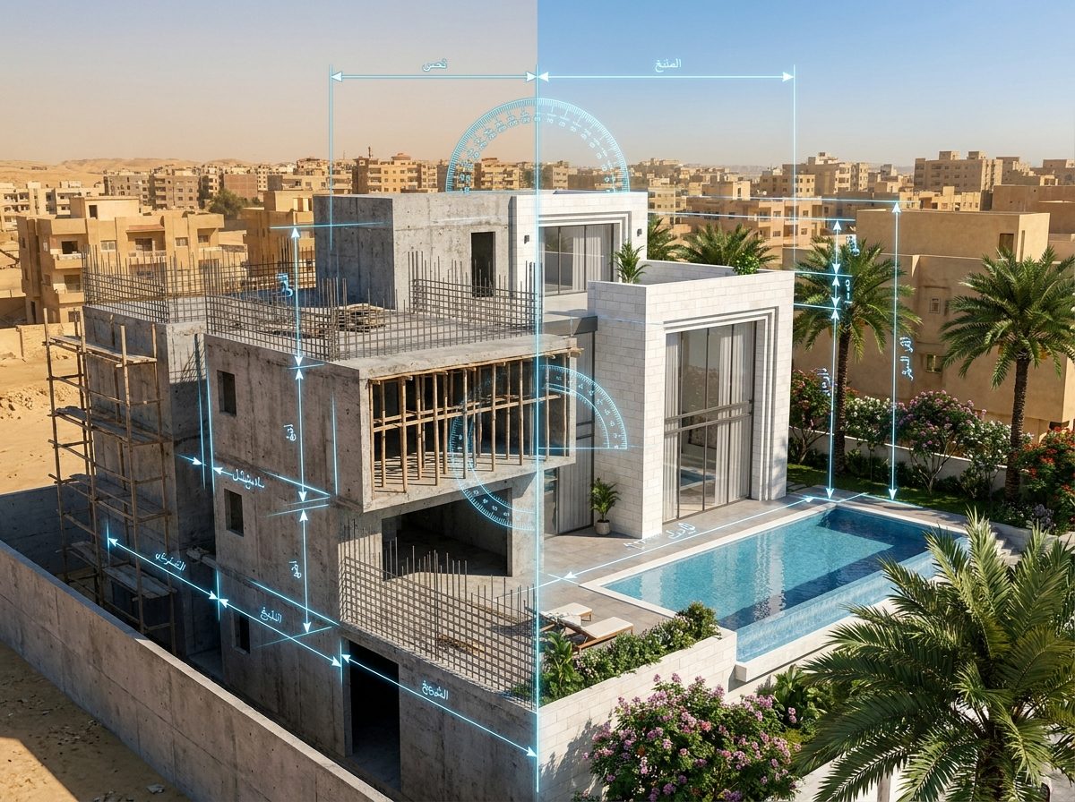 تصور معماري لفيلا قيد البناء يجمع المخطط بالمشهد النهائي