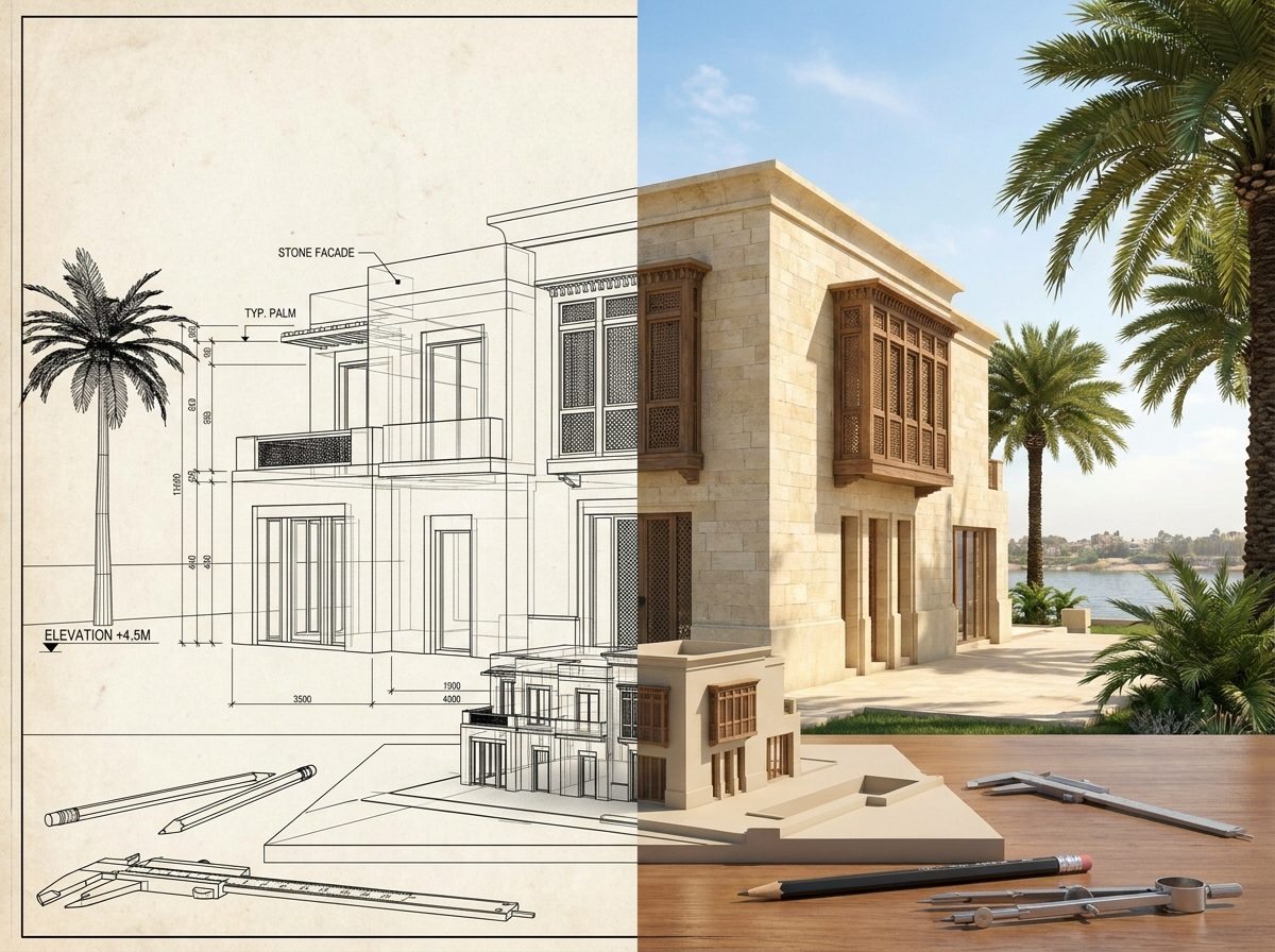 مقارنة بين رسم واجهة فيلا والتنفيذ الفعلي