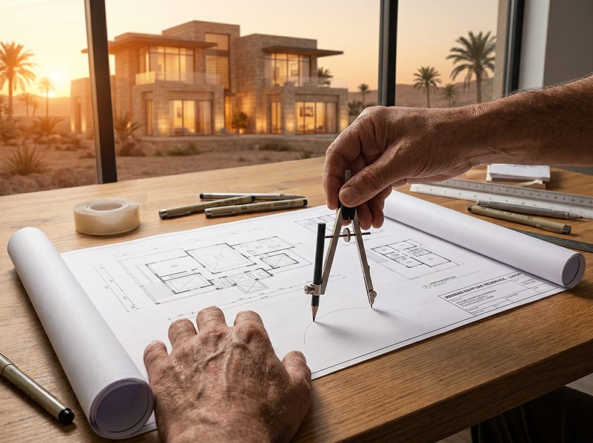 رسم يدوي لمخطط فيلا على طاولة تصميم