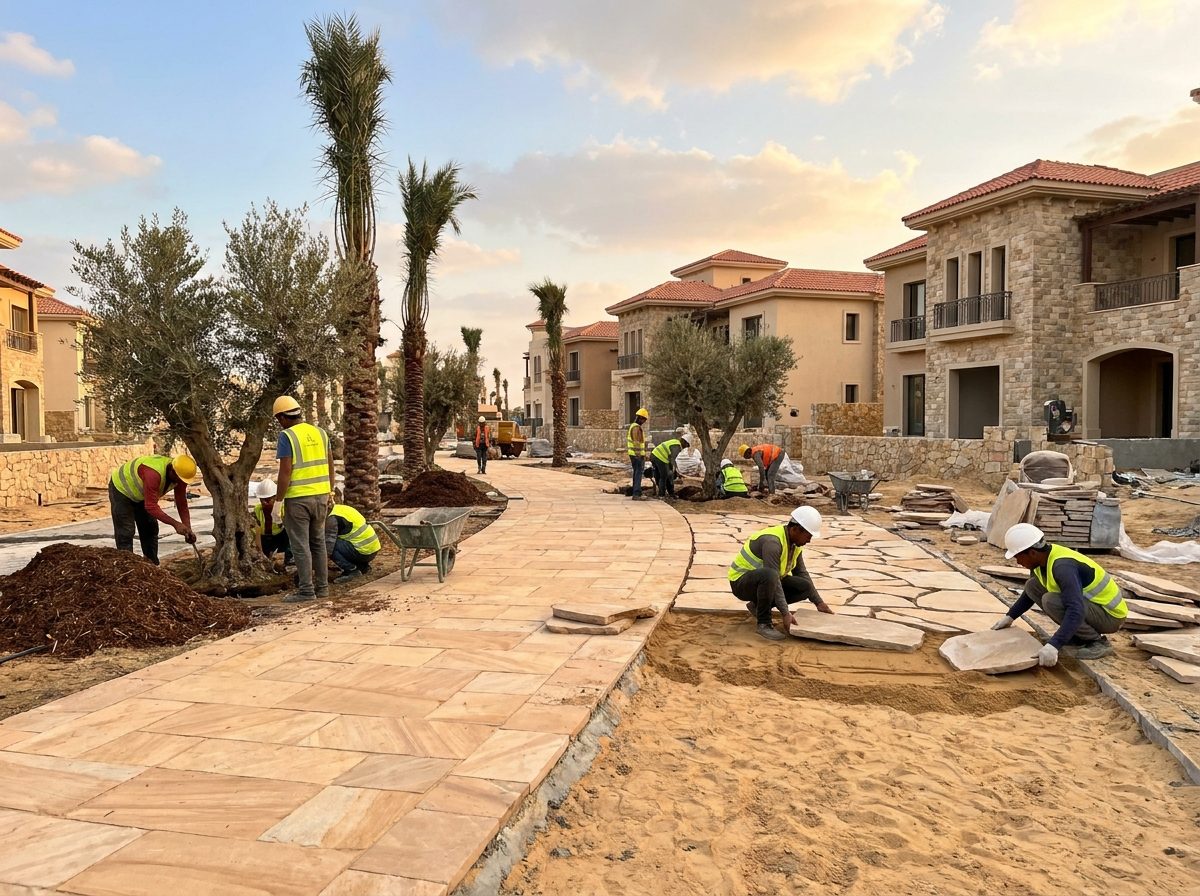 تنسيق حدائق وممرات حجرية بين فلل حديثة